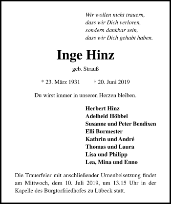 Traueranzeige von Inge Hinz von Lübecker Nachrichten