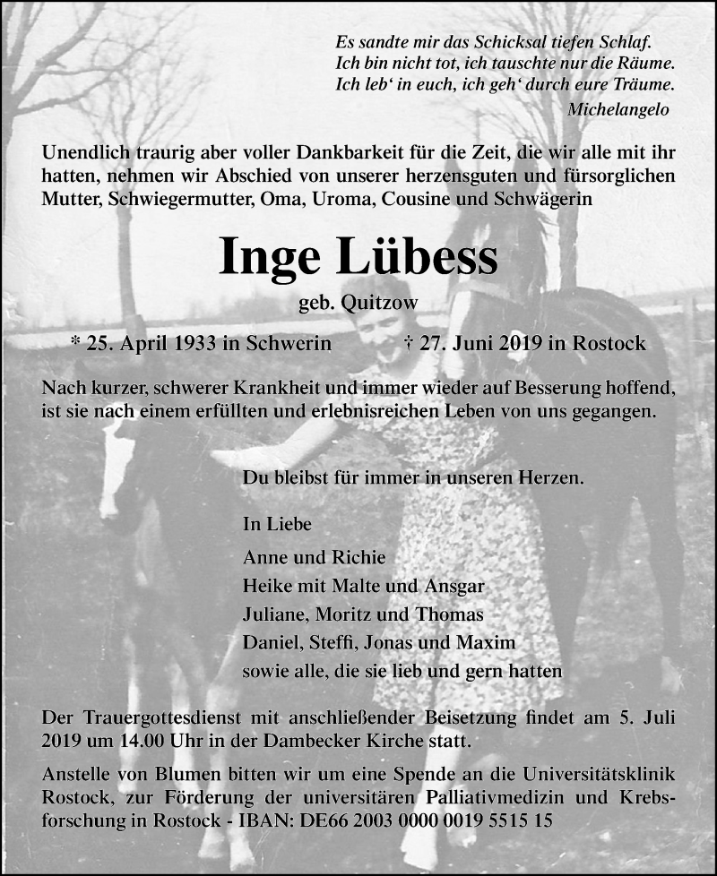  Traueranzeige für Inge Lübess vom 02.07.2019 aus Ostsee-Zeitung GmbH