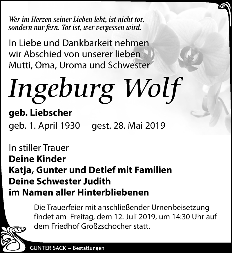  Traueranzeige für Ingeburg Wolf vom 29.06.2019 aus Leipziger Volkszeitung