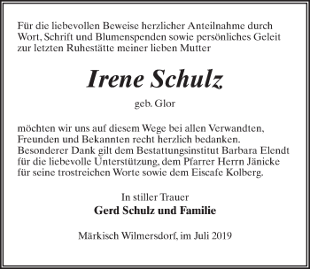 Traueranzeige von Irene Schulz von Märkischen Allgemeine Zeitung