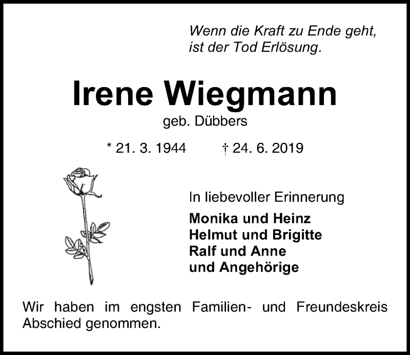  Traueranzeige für Irene Wiegmann vom 06.07.2019 aus Kieler Nachrichten