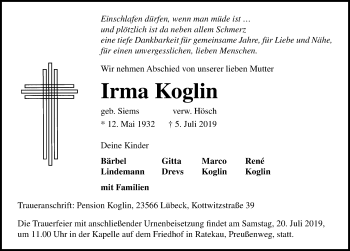 Traueranzeige von Irma Koglin von Lübecker Nachrichten