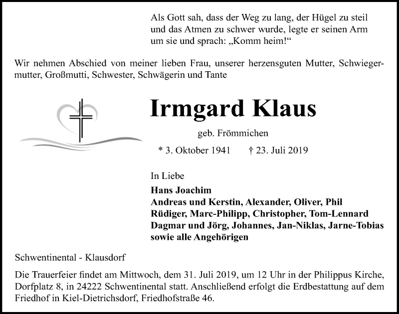  Traueranzeige für Irmgard Klaus vom 27.07.2019 aus Kieler Nachrichten