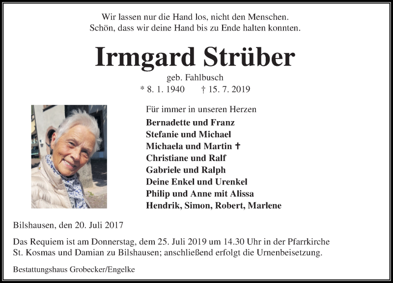 Traueranzeige für Irmgard Strüber vom 20.07.2019 aus Eichsfelder Tageblatt