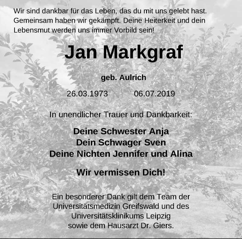  Traueranzeige für Jan Markgraf vom 20.07.2019 aus Ostsee-Zeitung GmbH