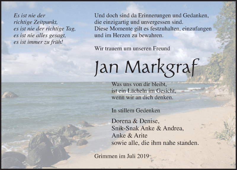  Traueranzeige für Jan Markgraf vom 20.07.2019 aus Ostsee-Zeitung GmbH