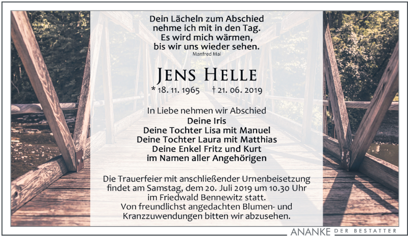  Traueranzeige für Jens Helle vom 06.07.2019 aus Leipziger Volkszeitung