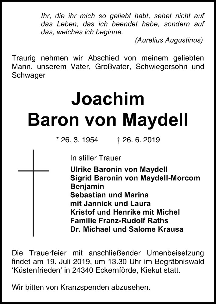  Traueranzeige für Joachim Baron von Maydell vom 13.07.2019 aus Kieler Nachrichten
