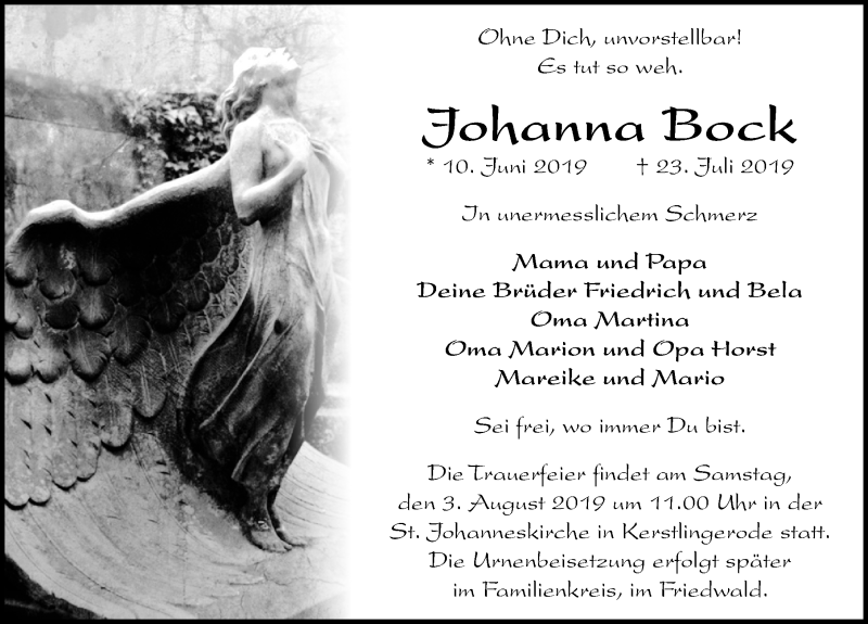  Traueranzeige für Johanna Bock vom 27.07.2019 aus Göttinger Tageblatt