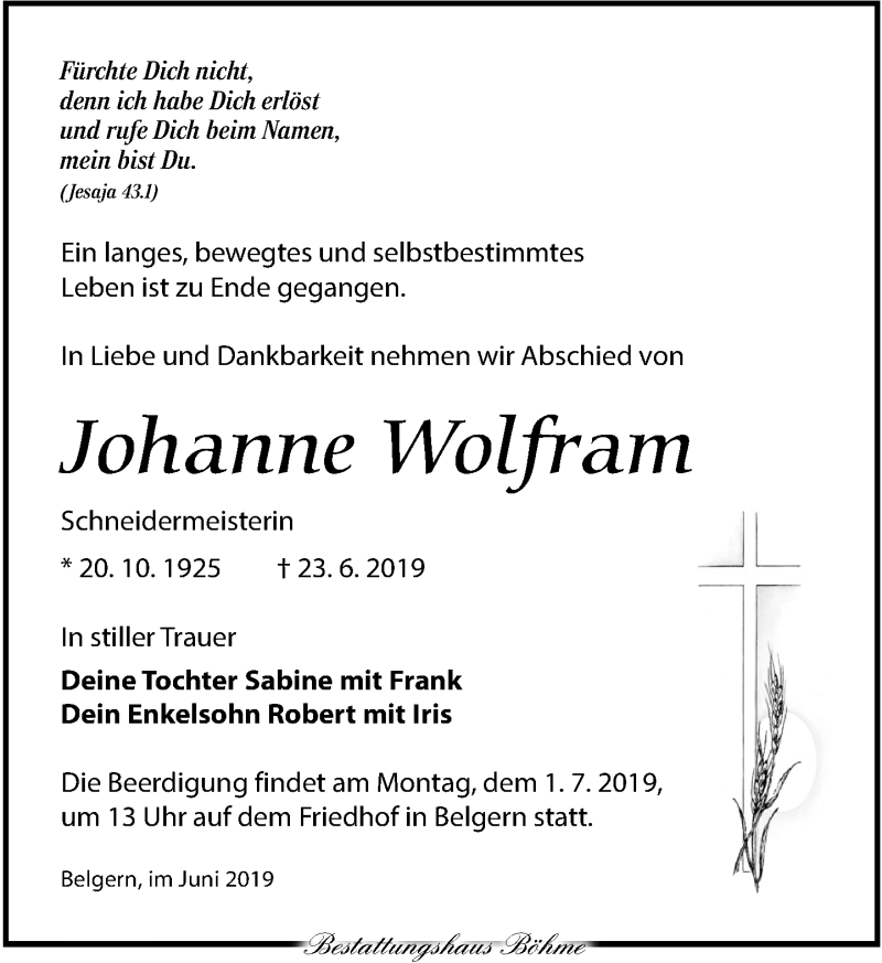  Traueranzeige für Johanne Wolfram vom 28.06.2019 aus Torgauer Zeitung