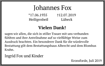 Traueranzeige von Johannes Fox von Lübecker Nachrichten