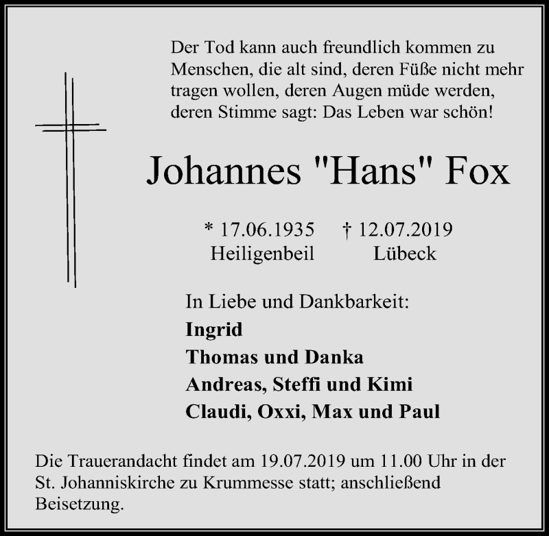  Traueranzeige für Johannes Hans Fox vom 17.07.2019 aus Lübecker Nachrichten