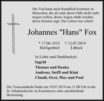 Traueranzeige von Johannes Hans Fox von Lübecker Nachrichten