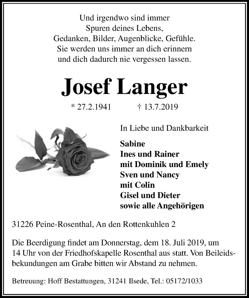  Traueranzeige für Josef Langer vom 16.07.2019 aus Peiner Allgemeine Zeitung
