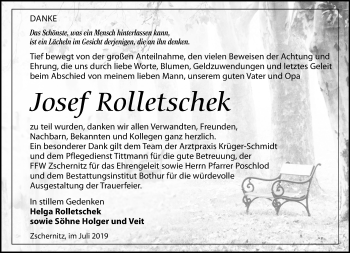 Traueranzeige von Josef Rolletschek von Leipziger Volkszeitung