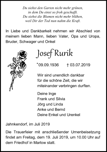 Traueranzeige von Josef Rurik von Ostsee-Zeitung GmbH