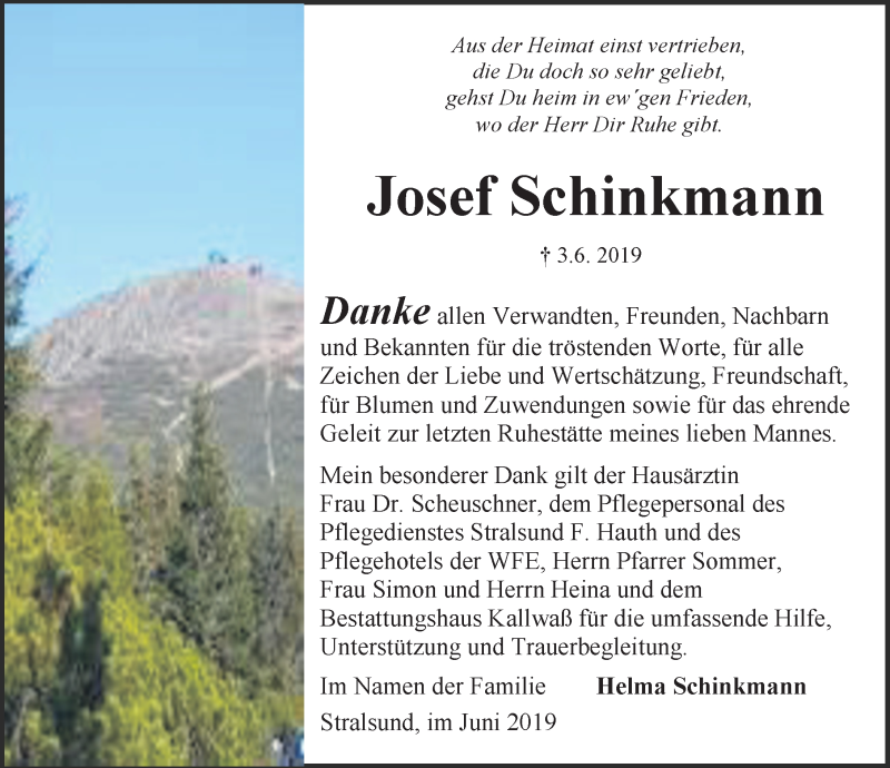  Traueranzeige für Josef Schinkmann vom 29.06.2019 aus Ostsee-Zeitung GmbH