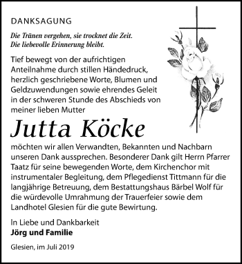 Traueranzeige von Jutta Köcke von Leipziger Volkszeitung