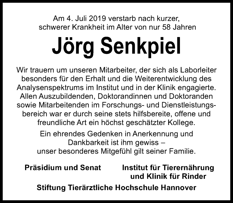  Traueranzeige für Jörg Senkpiel vom 13.07.2019 aus Hannoversche Allgemeine Zeitung/Neue Presse