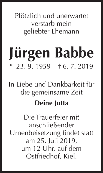Traueranzeige von Jürgen Babbe von Kieler Nachrichten