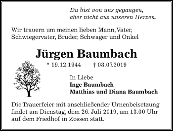 Traueranzeige von Jürgen Baumbach von Märkischen Allgemeine Zeitung