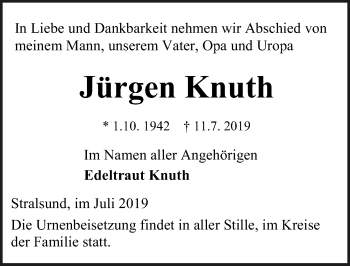 Traueranzeige von Jürgen Knuth von Ostsee-Zeitung GmbH