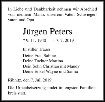 Traueranzeige von Jürgen Peters von Ostsee-Zeitung GmbH