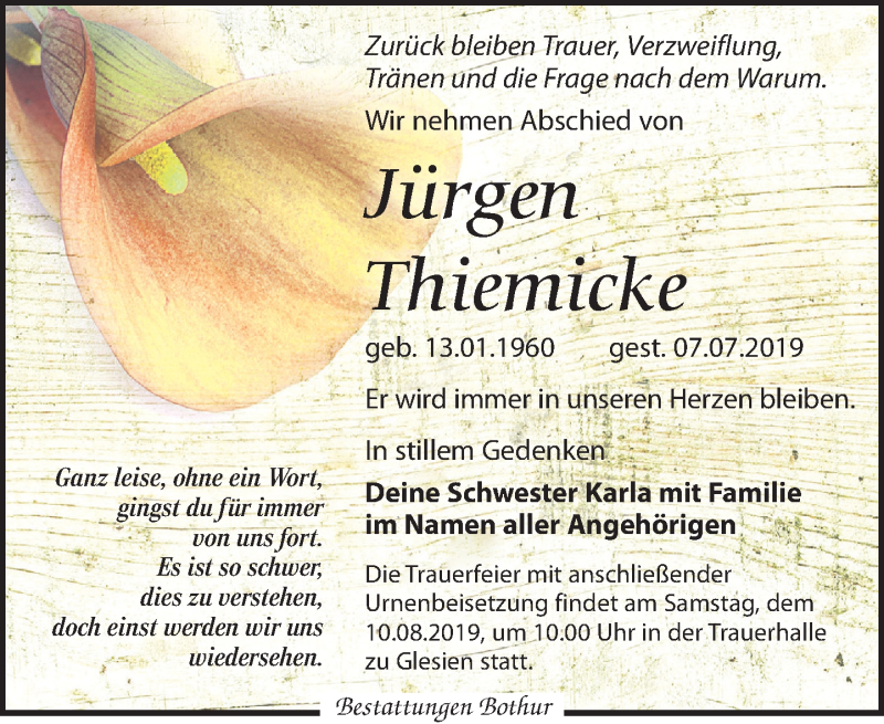  Traueranzeige für Jürgen Thiemicke vom 20.07.2019 aus Leipziger Volkszeitung