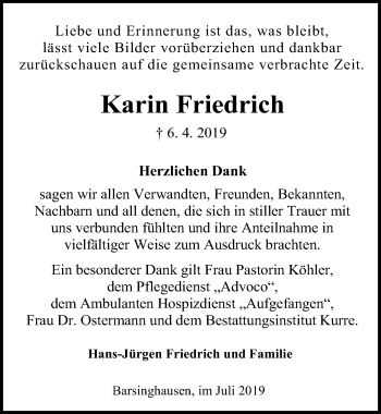 Traueranzeige von Karin Friedrich von Hannoversche Allgemeine Zeitung/Neue Presse