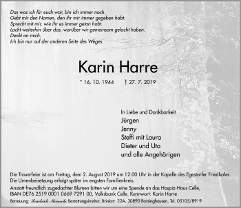Traueranzeige von Karin Harre von Hannoversche Allgemeine Zeitung/Neue Presse