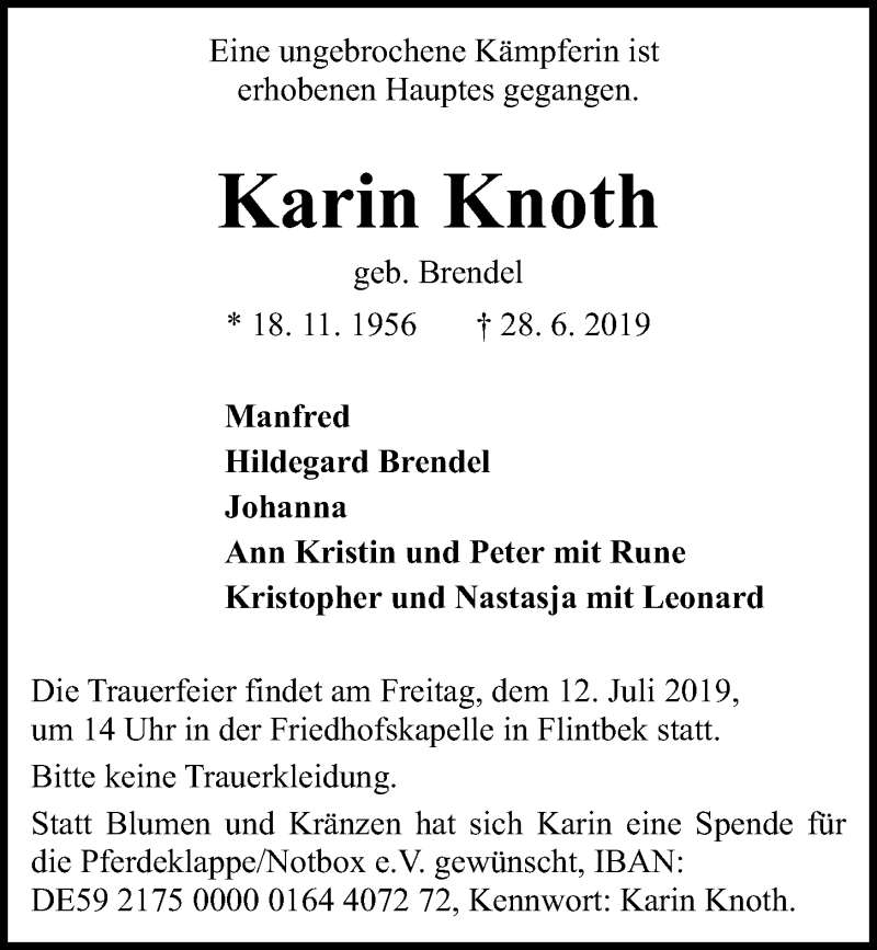  Traueranzeige für Karin Knoth vom 06.07.2019 aus Kieler Nachrichten