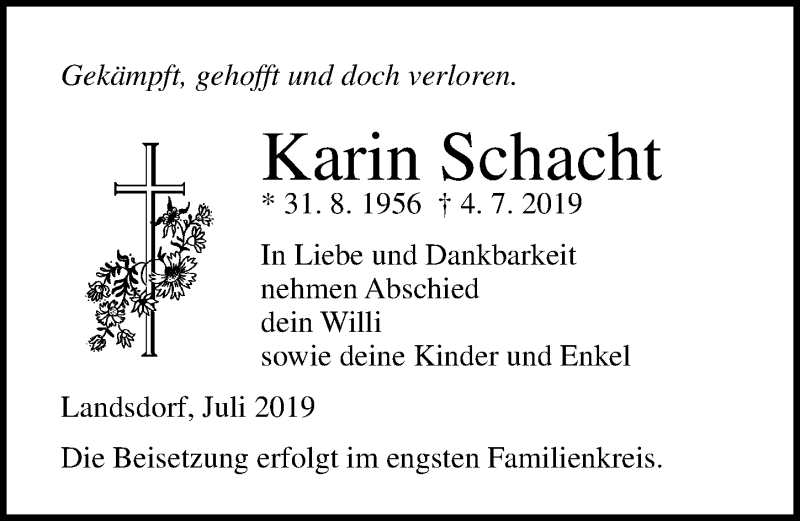  Traueranzeige für Karin Schacht vom 06.07.2019 aus Ostsee-Zeitung GmbH