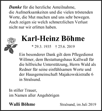 Traueranzeige von Karl-Heinz Böhme von Ostsee-Zeitung GmbH