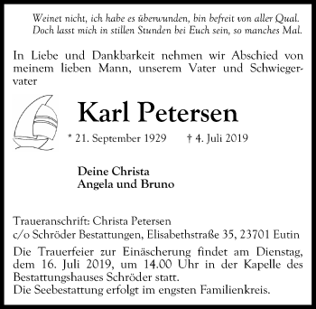 Traueranzeige von Karl Petersen von Lübecker Nachrichten