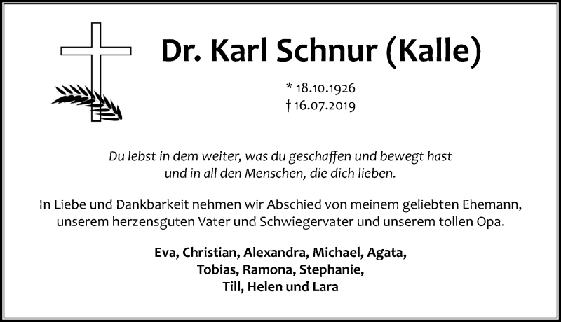  Traueranzeige für Karl Schnur vom 20.07.2019 aus Göttinger Tageblatt