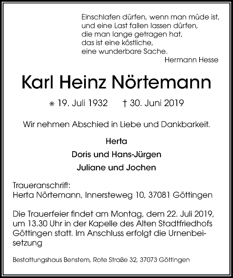  Traueranzeige für Karl Heinz Nörtemann vom 13.07.2019 aus Göttinger Tageblatt