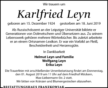 Traueranzeige von Karlfried Leyn von Leipziger Volkszeitung