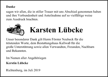 Traueranzeige von Karsten Lübcke von Ostsee-Zeitung GmbH