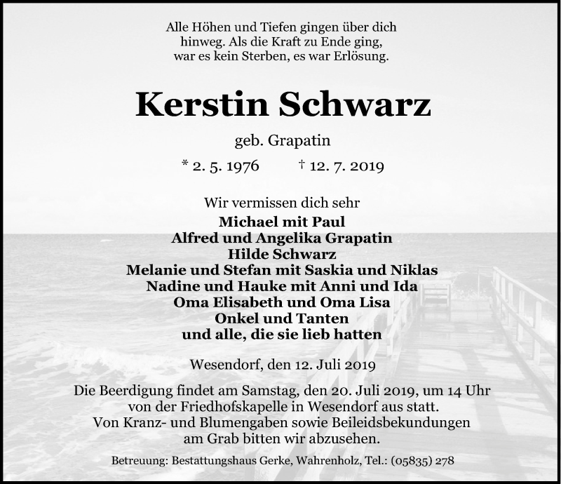  Traueranzeige für Kerstin Schwarz vom 17.07.2019 aus Aller Zeitung