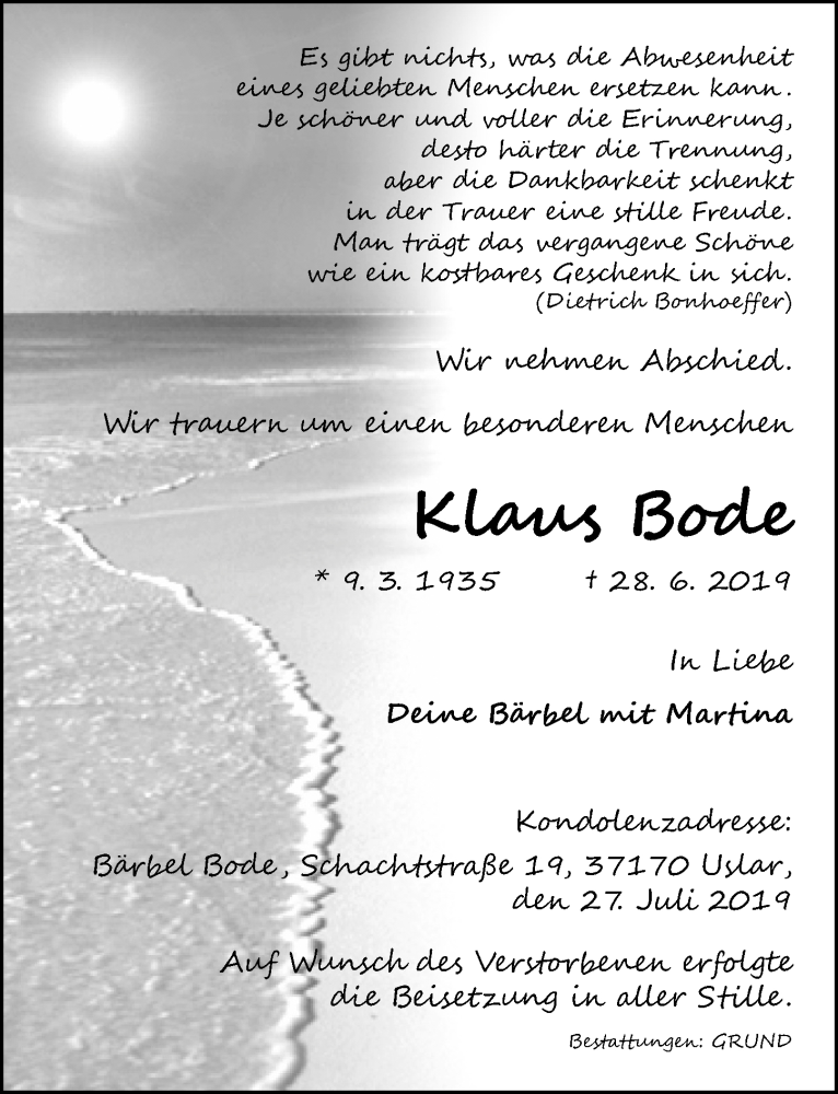  Traueranzeige für Klaus Bode vom 27.07.2019 aus Göttinger Tageblatt