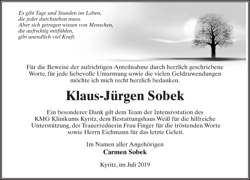  Traueranzeige für Klaus-Jürgen Sobek vom 13.07.2019 aus Märkischen Allgemeine Zeitung