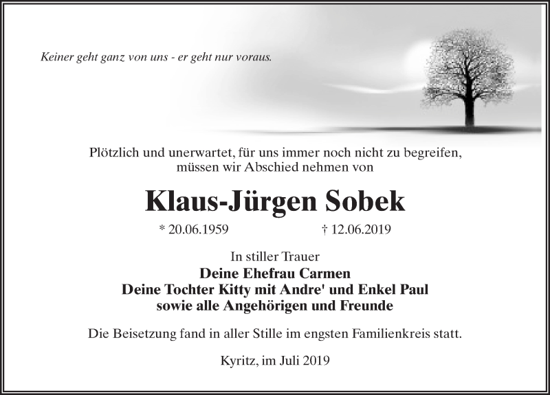  Traueranzeige für Klaus-Jürgen Sobek vom 06.07.2019 aus Märkischen Allgemeine Zeitung