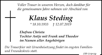 Traueranzeige von Klaus Steding von Leipziger Volkszeitung