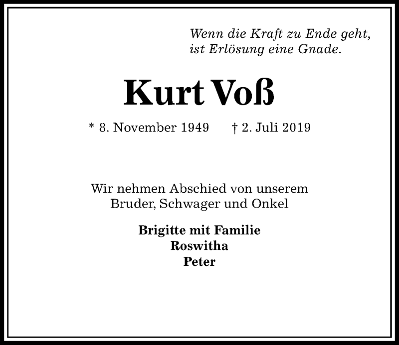  Traueranzeige für Kurt Voß vom 13.07.2019 aus Kieler Nachrichten