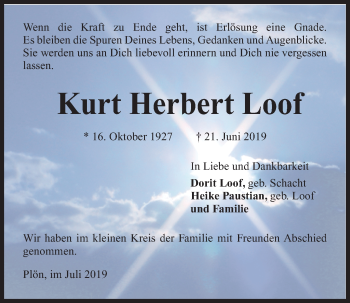 Traueranzeige von Kurt Herbert Loof von Kieler Nachrichten