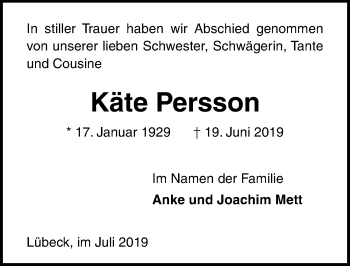 Traueranzeige von Käte Persson von Lübecker Nachrichten