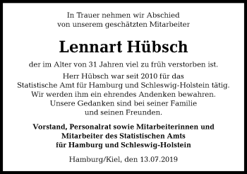 Traueranzeige von Lennart Hübsch von Kieler Nachrichten