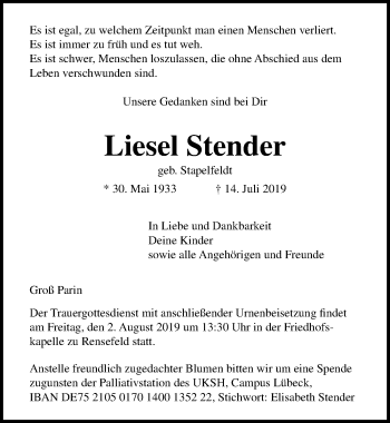 Traueranzeige von Liesel Stender von Lübecker Nachrichten