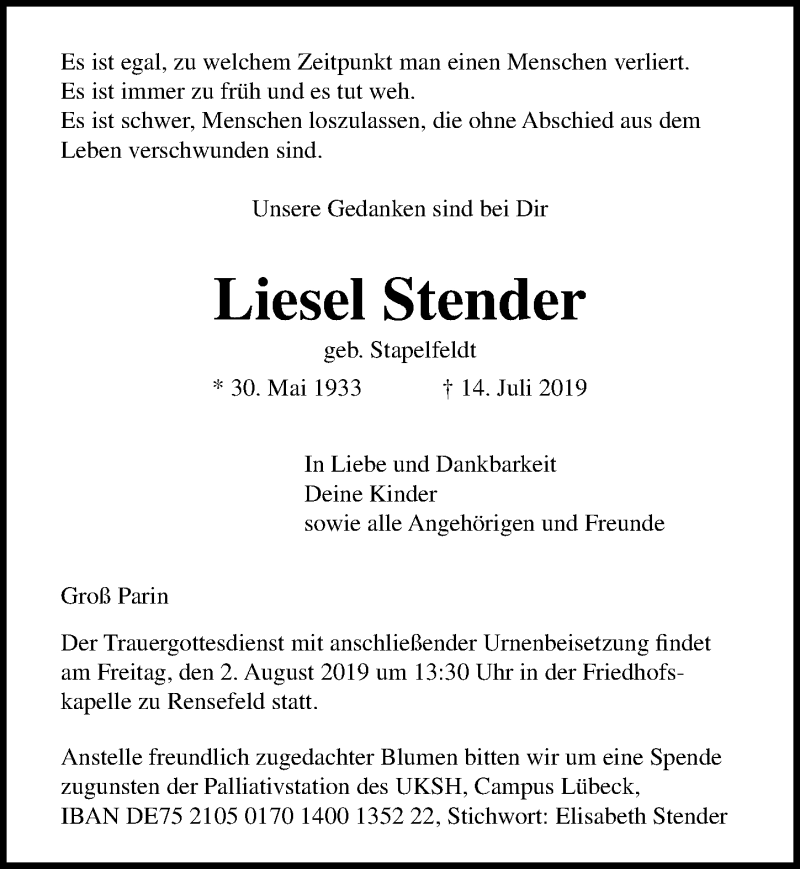  Traueranzeige für Liesel Stender vom 28.07.2019 aus Lübecker Nachrichten