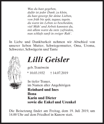 Traueranzeige von Lilli Geisler von Märkischen Allgemeine Zeitung